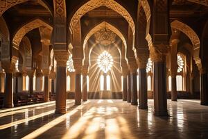 ai generato interno Visualizza di moschea architettura con luce del sole foto