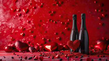 ai generato San Valentino giorno sfondo con Due Champagne bottiglie e rosso cuori. foto