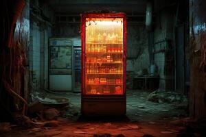 ai generato raccapricciante raggiante rosso frigorifero nel un' buio abbandonato supermercato foto
