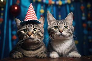 ai generato Due festivo carino soriano gatti nel festa cappelli su un' blu sfondo foto