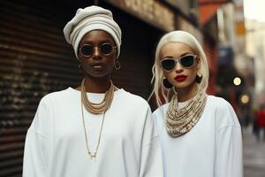 ai generato caucasico e africano donne nel bianca elegante anca luppolo attrezzatura nel un' città foto