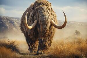 ai generato di lana mammut a piedi nel un' preistorico steppa foto