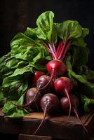 ai generato avvicinamento appena raccolto agricoltori naturale rosso maturo barbabietole con cime su un' di legno tavola foto