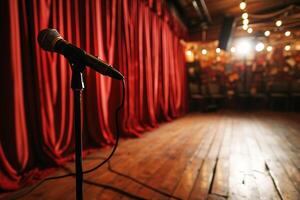 ai generato avvicinamento microfono vuoto palcoscenico di un' Teatro o in piedi commedia club con rosso tenda foto