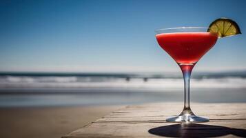 ai generato appena preparato delizioso rosa cocktail con un' metà il giro pezzo di lime nel un' Margherita bicchiere su il sfocato riva del mare sfondo foto
