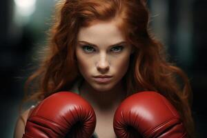 ai generato bellissima caldo testa Rossa verde con gli occhi donna nel rosso boxe guanti su un' buio sfondo foto