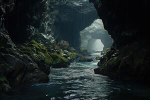 ai generato panoramico Visualizza di blu naturale metropolitana fiume con nel in profondità grotta con stalattiti foto