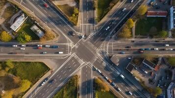 ai generato aereo Visualizza di astratto intersezione di otto città strade con macchine su loro foto