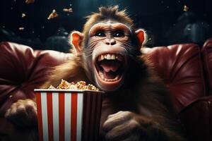 ai generato ritratto di un' urlando scimmia nel un' rosso pelle sedia mangiare Popcorn nel un' film Teatro su un' buio sfondo foto