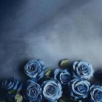 ai generato blu Rose telaio su pallido blu sfondo superiore Visualizza, bellissimo floreale modello con copia spazio foto