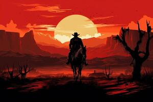 ai generato illustrazione di un' silhouette di un' uomo nel un' cowboy cappello equitazione un' cavallo contro il fondale di il ambientazione sole a partire dal un' montagna valle foto
