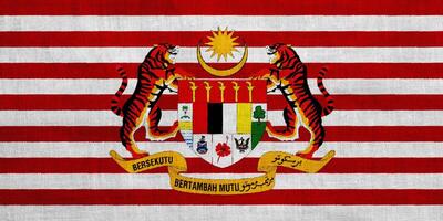 bandiera e cappotto di braccia di Malaysia su un' strutturato sfondo. concetto collage. foto