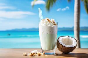 ai generato Noce di cocco frappè nel un' Vintage ▾ bicchiere con un' sfocato tropicale mare e palma alberi nel il sfondo foto