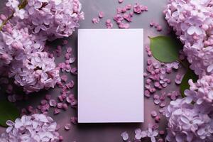 ai generato modello bianca vuoto carta foglio con lilla fiori superiore Visualizza, floreale modello vuoto carta piatto posare per design con copia spazio foto