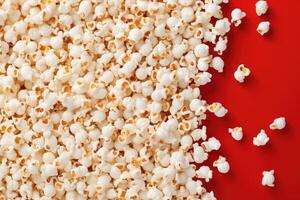 ai generato superiore Visualizza Popcorn pezzi su un' luminosa rosso sfondo con copia spazio foto