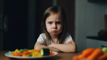 ai generato offeso poco ragazza si siede a il tavolo e fa non volere per mangiare verdure foto