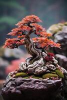 ai generato verticale Immagine autunno Bonsai mini albero su un' pietra su un' sfocato sfondo foto