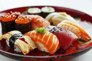 ai generato avvicinamento assortito impostato di gustoso appetitoso Sushi e rotolo su rosso piatto foto