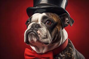 ai generato adorabile grave inglese bulldog indossare un' pelle superiore cappello e un' rosso arco cravatta su un' vignetta rosso sfondo foto