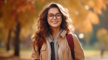 ai generato bellissimo alunno indiano ragazza con zaino e bicchieri nel il parco, autunno. formazione scolastica apprendimento foto