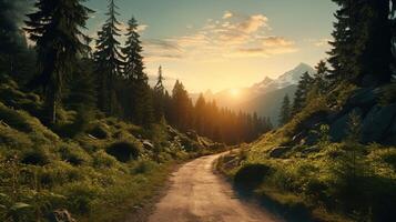 ai generato montagna strada nel verde foresta con tramonto. natura, sentiero, viaggiare, viaggio, avventura foto