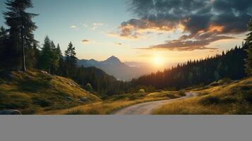 ai generato montagna strada nel verde foresta con tramonto. natura, sentiero, viaggiare, viaggio, avventura foto