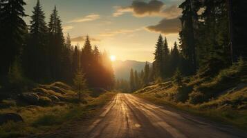 ai generato montagna strada nel verde foresta con tramonto. natura, sentiero, viaggiare, viaggio, avventura foto