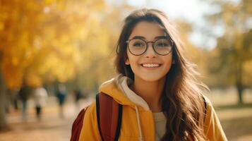 ai generato bellissimo alunno indiano ragazza con zaino e bicchieri nel il parco, autunno. formazione scolastica apprendimento foto