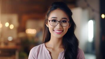 ai generato giovane adulto fiducioso attraente sud-est asiatico donna, bellissimo signora indossare occhiali, vicino su foto