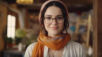 ai generato giovane adulto fiducioso attraente donna con hijab, bellissimo signora indossare occhiali, vicino su foto