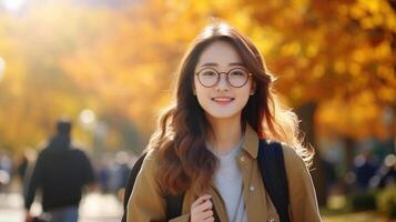 ai generato bellissimo alunno asiatico ragazza con zaino e bicchieri nel il parco, autunno. formazione scolastica apprendimento foto