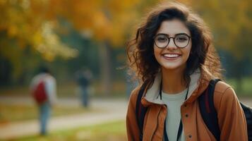 ai generato bellissimo alunno indiano ragazza con zaino e bicchieri nel il parco, autunno. formazione scolastica apprendimento foto