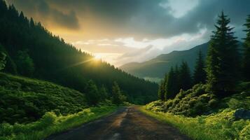 ai generato montagna strada nel verde foresta con tramonto. natura, sentiero, viaggiare, viaggio, avventura foto
