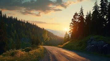 ai generato montagna strada nel verde foresta con tramonto. natura, sentiero, viaggiare, viaggio, avventura foto