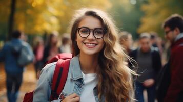 ai generato bellissimo alunno sorridente ragazza con zaino e bicchieri nel il parco, autunno. formazione scolastica apprendimento foto