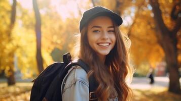 ai generato bellissimo alunno sorridente ragazza con zaino e bicchieri nel il parco, autunno. formazione scolastica apprendimento foto
