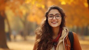 ai generato bellissimo alunno indiano ragazza con zaino e bicchieri nel il parco, autunno. formazione scolastica apprendimento foto