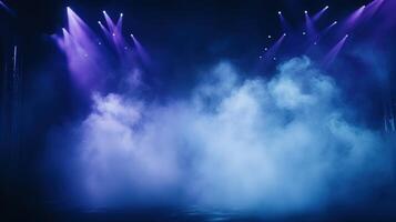ai generato palcoscenico leggero con blu ciano viola faretti e Fumo. concerto e Teatro buio scena foto