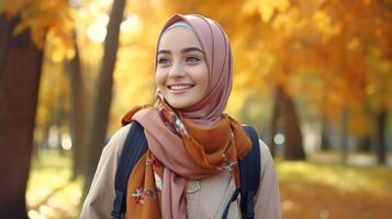 ai generato bellissimo alunno sorridente ragazza con hijab zaino bicchieri nel il parco, autunno. formazione scolastica apprendimento foto