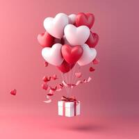 ai generato San Valentino giorno sfondo con cuore sagomato palloncini e regalo scatola. 3d rendere. sorpresa e a forma di cuore palloncini. regalo nel un' bianca scatola su un' rosa sfondo. foto