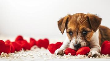 ai generato Jack russell terrier cucciolo con rosso cuori su un' bianca sfondo. foto