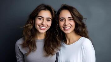 ai generato sorelle con sorrisi e Riccio capelli contro il buio sfondo. foto