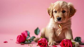 ai generato San Valentino carta modello con carino d'oro cane da riporto cucciolo e rosa Rose su rosa sfondo con selettivo messa a fuoco. foto