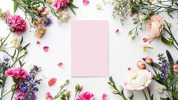 ai generato floreale telaio di selvaggio e decorativo fiori con rosa verticale cartolina modello per testo. fiore preparativi su un' bianca sfondo e vuoto vuoto carta. foto