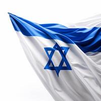 ai generato Israele bandiera isolato su bianca sfondo. il nazionale bandiera di Israele onde meravigliosamente nel il vento nel un' onda con il stella di david su un' bianca sfondo. foto