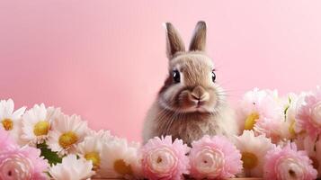 ai generato Pasqua coniglietto nel fiori su rosa sfondo. foto