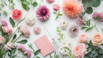 ai generato superiore Visualizza di delicato rosa e viola fiori e vuoto rosa cartolina su bianca sfondo. festivo floreale disposizione. foto