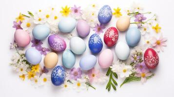 ai generato creativamente dipinto Pasqua uova contro un' sfondo di primavera fiori. foto
