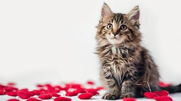 ai generato carino siberiano gattino su bianca sfondo con rosso cuori. foto