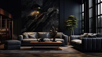ai generato interno di un' moderno vivente camera con buio grigio muri e un' grigio enorme elegante divano. alto soffitti, lussuoso parete decorazione. progettista d'avanguardia arredamento. foto